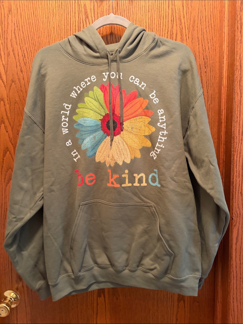 Gildan Sage Green Hoodie with Multicolor Flower "Be Kind" Graphic